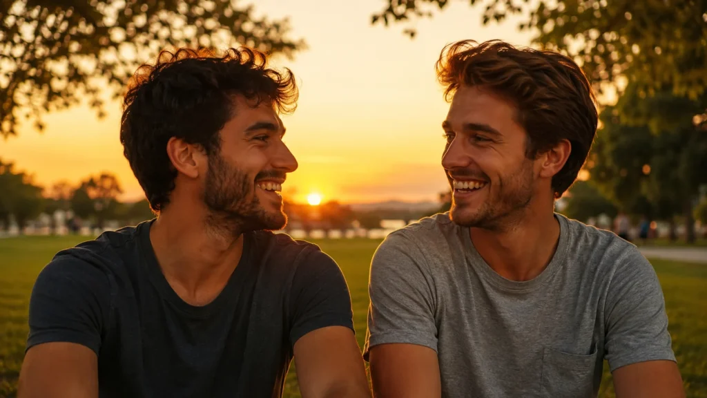 [Imagem: Dois amigos sorrindo durante o pôr do sol em um parque.]