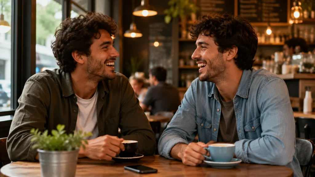 [Imagem: Amigos conversando e rindo em uma cafeteria.]