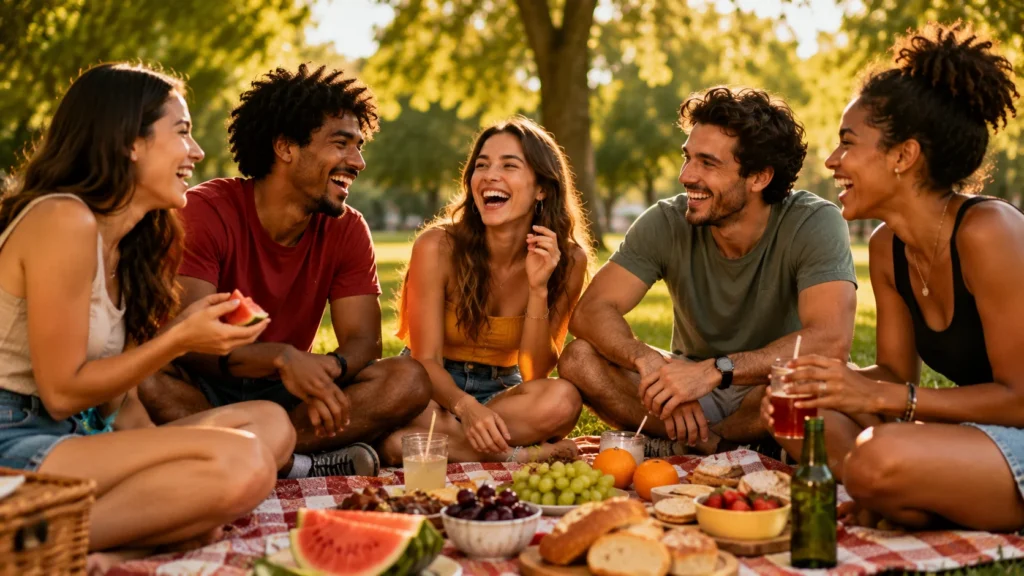 [Imagem: Grupo de amigos dando risada durante um piquenique.]