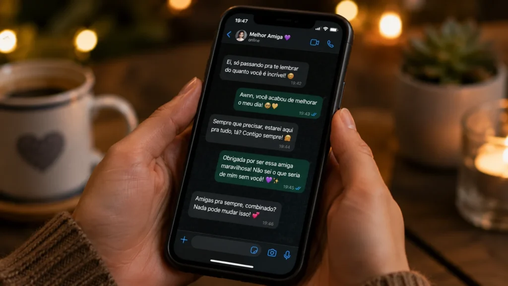 [Imagem: Celular exibindo uma conversa carinhosa entre amigos.]