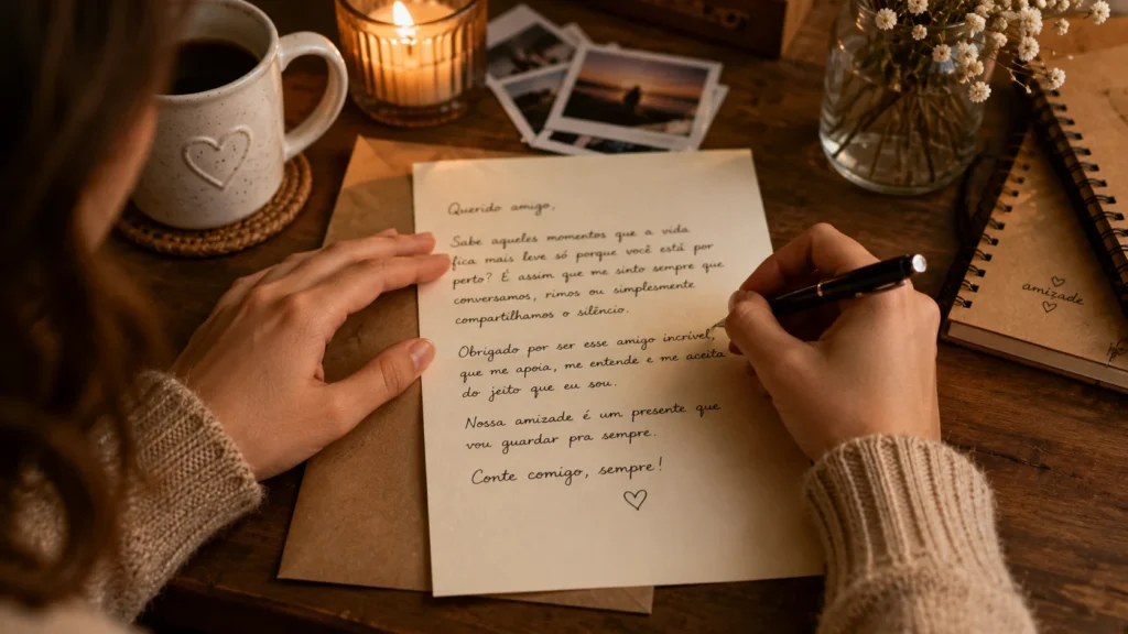 [Imagem: Pessoa escrevendo uma carta à mão para um amigo.]