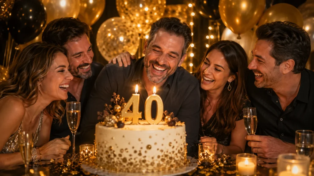 [Imagem: bolo de aniversário de 40 anos cercado por balões dourados e amigos rindo durante a festa]
