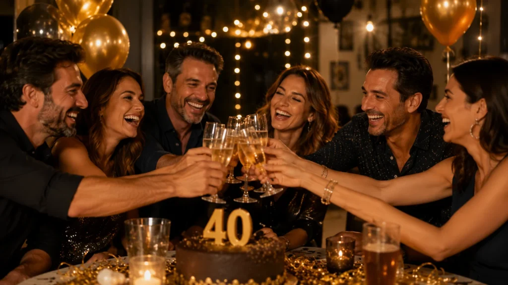 [Imagem: grupo de amigos brindando durante uma festa de aniversário de 40 anos]