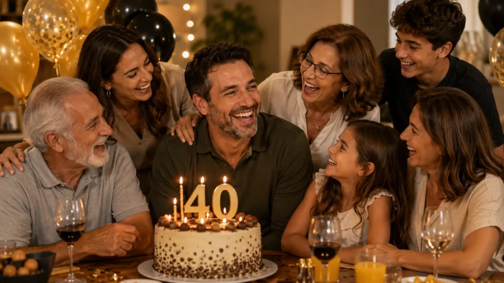 [Imagem: família reunida comemorando um aniversário de 40 anos em clima descontraído]