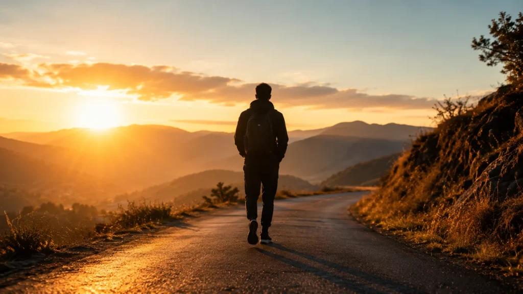 [Imagem: Pessoa caminhando sozinha ao nascer do sol, simbolizando foco, disciplina e determinação.]