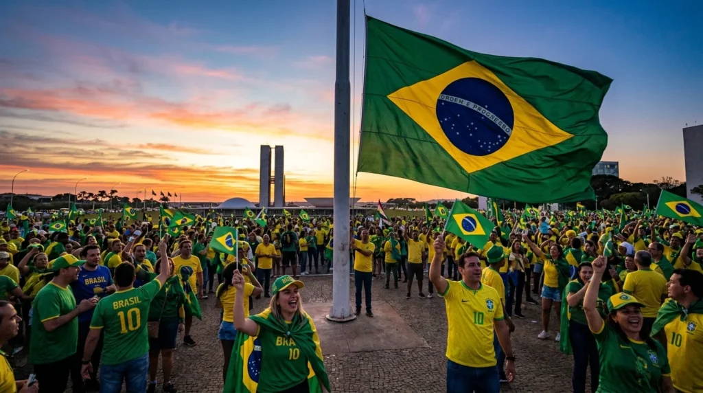 [Imagem: Bandeira do Brasil tremulando ao amanhecer com pessoas vestidas de verde e amarelo durante as comemorações de 7 de Setembro.]