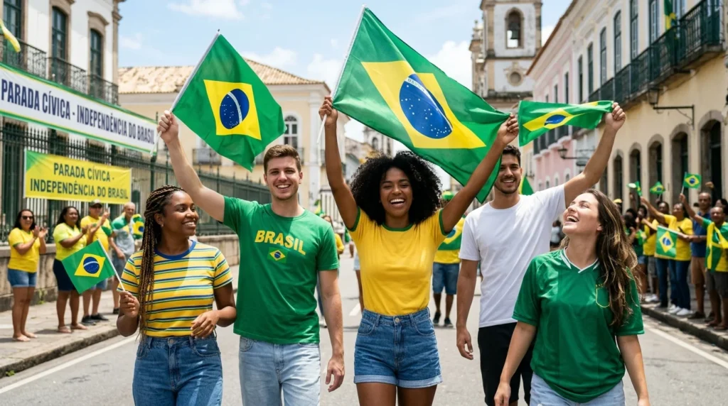 [Imagem: Jovens segurando bandeiras brasileiras durante um desfile cívico.]