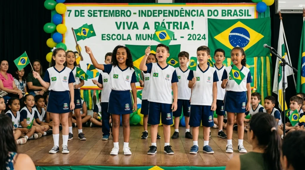[Imagem: Crianças em uniforme escolar participando de uma apresentação de 7 de Setembro com bandeiras do Brasil.]