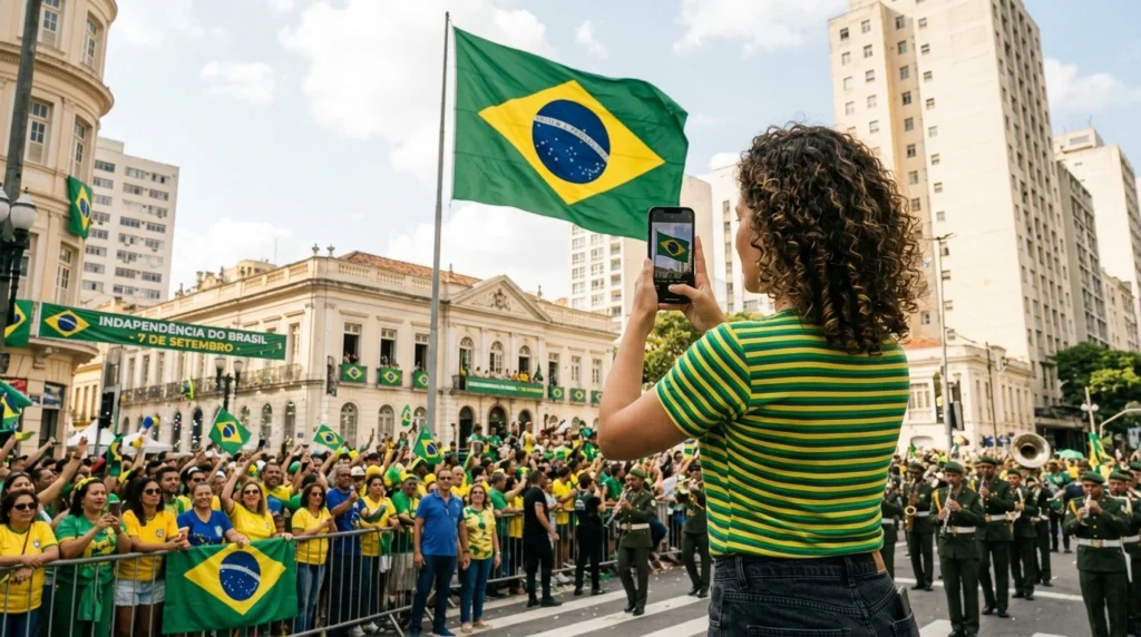 [Imagem: Pessoa fotografando uma bandeira do Brasil com um smartphone durante as comemorações de 7 de Setembro.]