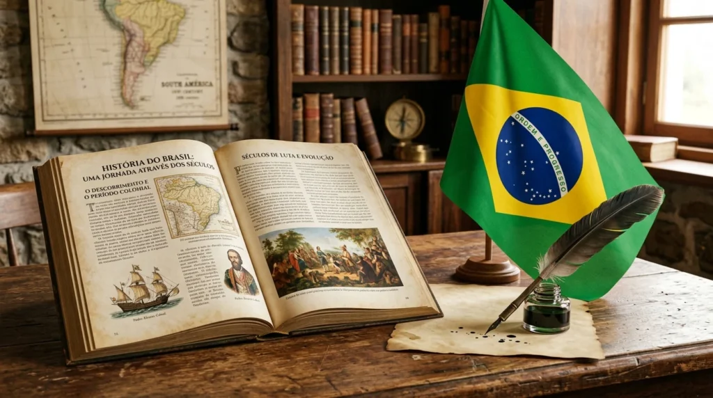 [Imagem: Livro de História do Brasil aberto ao lado da bandeira nacional e de uma pena antiga.]