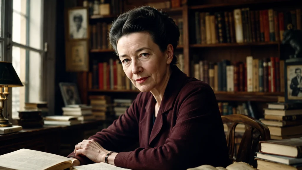 Retrato artístico de Simone de Beauvoir em uma biblioteca cercada por livros.