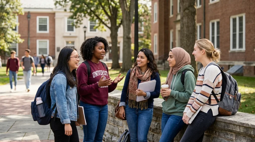 [Imagem: Grupo diverso de mulheres conversando em um ambiente universitário.]