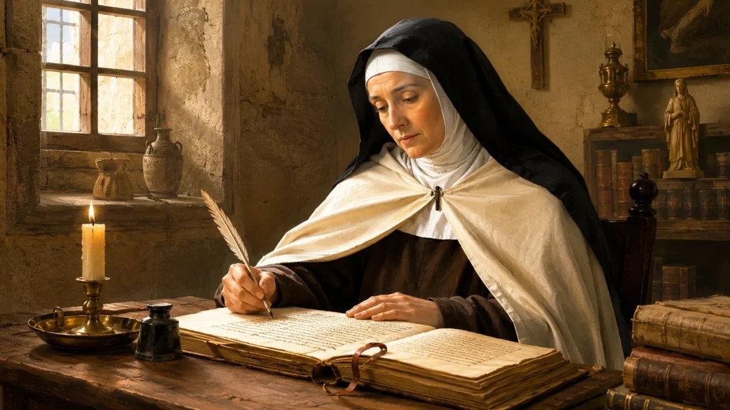 [Imagem: Ilustração artística de Santa Teresa de Ávila escrevendo em um manuscrito antigo dentro de um convento.]