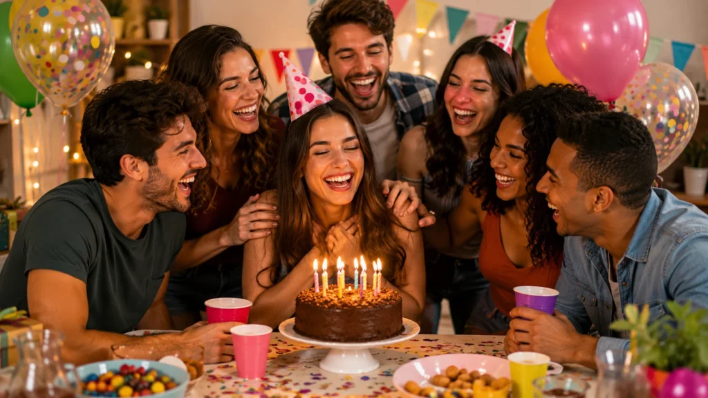 [Imagem: Grupo de amigos comemorando aniversário com bolo, balões e muitas risadas.]