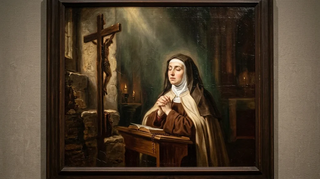 [Imagem: Pintura representando Santa Teresa em oração diante de um crucifixo.]