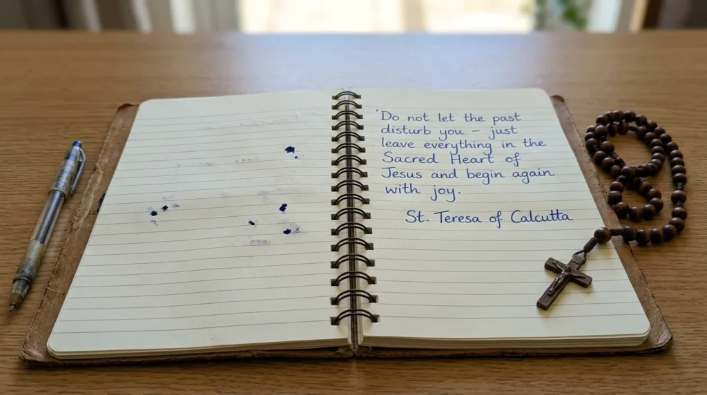 [Imagem: Caderno aberto com uma frase de Santa Teresa escrita à mão ao lado de um rosário.]