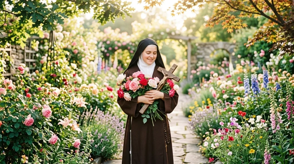 [Imagem: Santa Teresinha segurando rosas e um crucifixo em um jardim florido, transmitindo paz e serenidade.]
