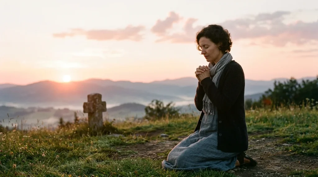 [Imagem: Pessoa rezando diante de um nascer do sol simbolizando confiança absoluta em Deus.]