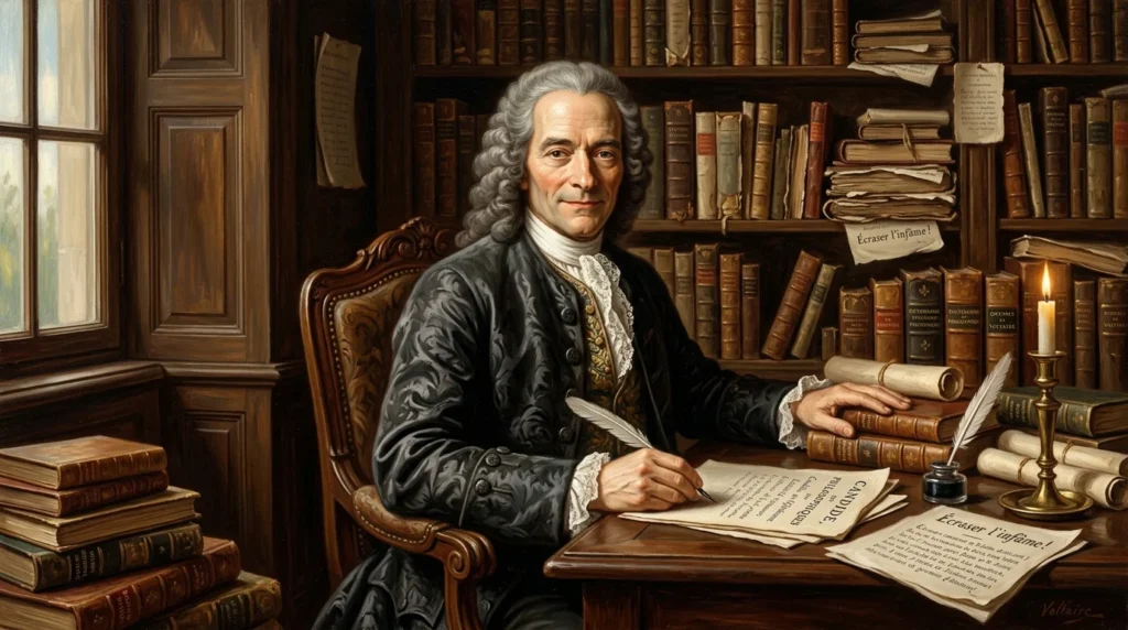 [Imagem: Retrato artístico de Voltaire ao lado de livros antigos e manuscritos iluministas.]