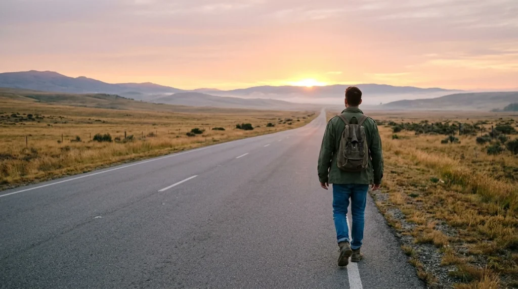 [Imagem: Pessoa caminhando em uma estrada aberta ao amanhecer simbolizando liberdade.]