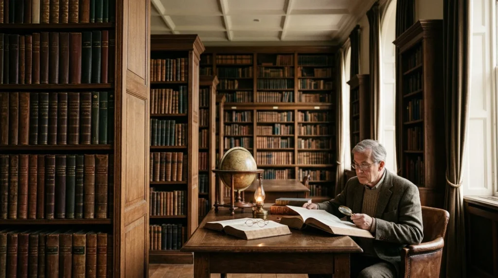 [Imagem: Biblioteca clássica com livros antigos representando sabedoria e conhecimento.]
