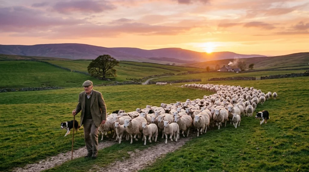 [Imagem: Pastor conduzindo um rebanho em um campo verde ao pôr do sol.]