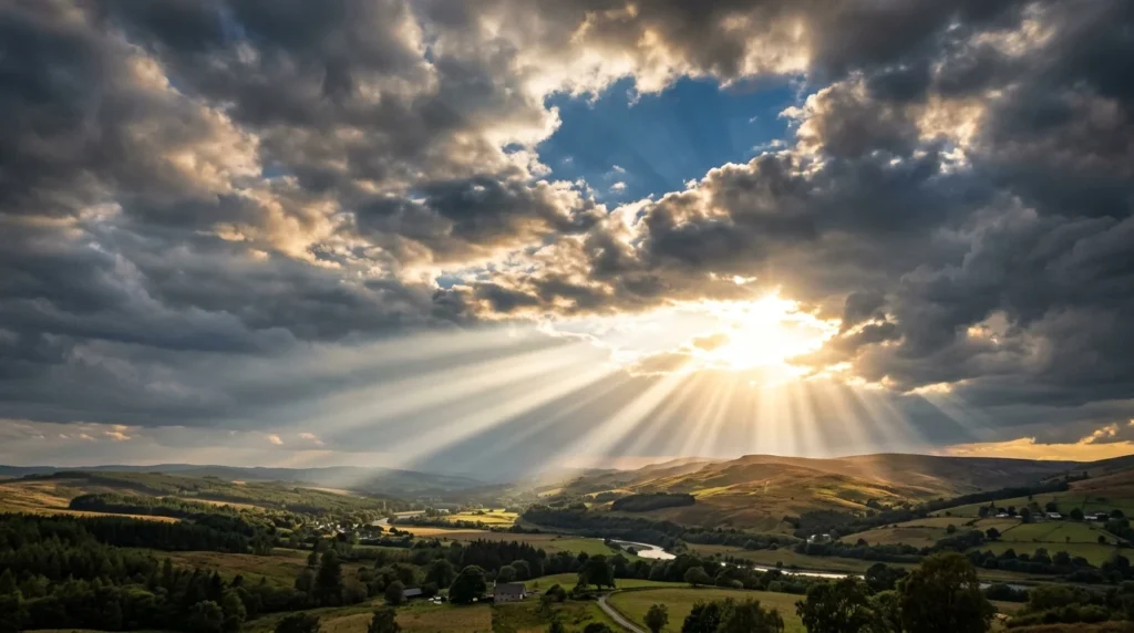 [Imagem: Céu iluminado com raios de sol atravessando nuvens, simbolizando esperança.]
