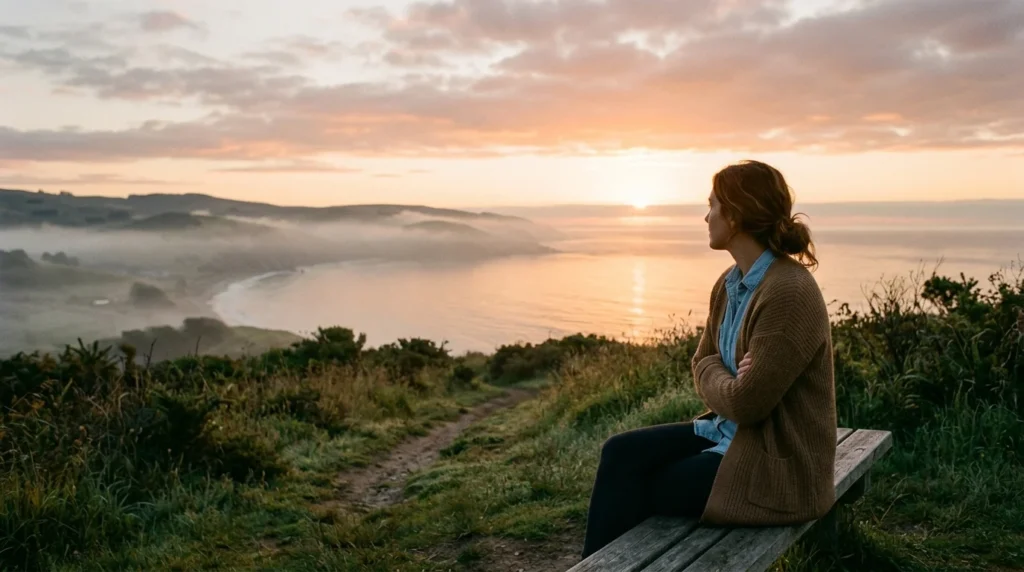 [Imagem: Pessoa contemplando o nascer do sol em um ambiente tranquilo, simbolizando esperança e renovação.]