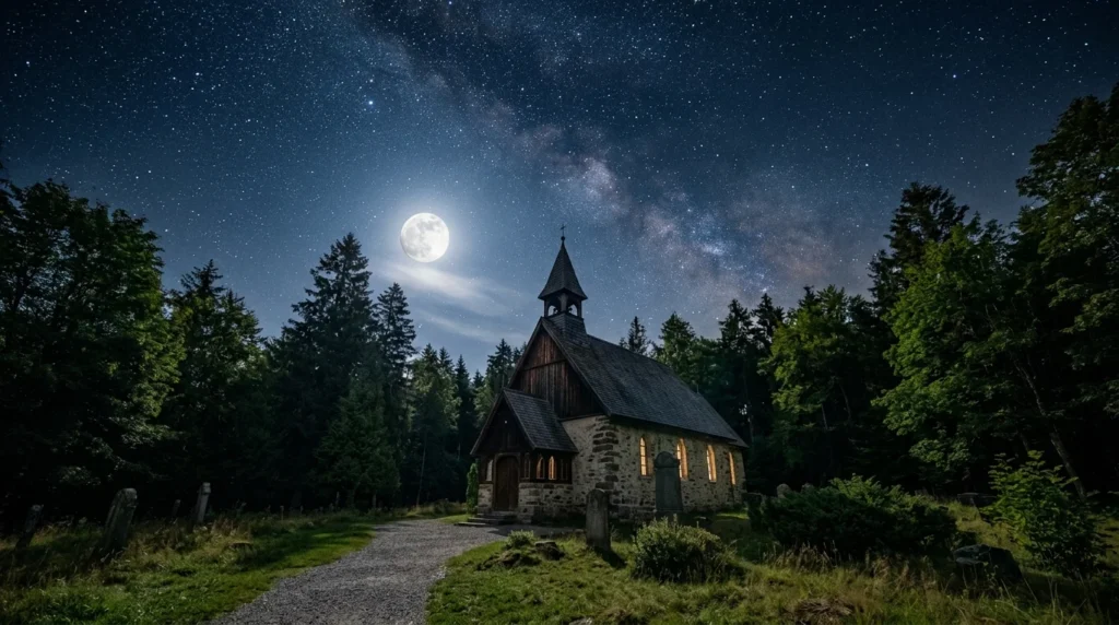 [Imagem: Céu estrelado com uma lua brilhante iluminando uma pequena igreja cercada por árvores.]
