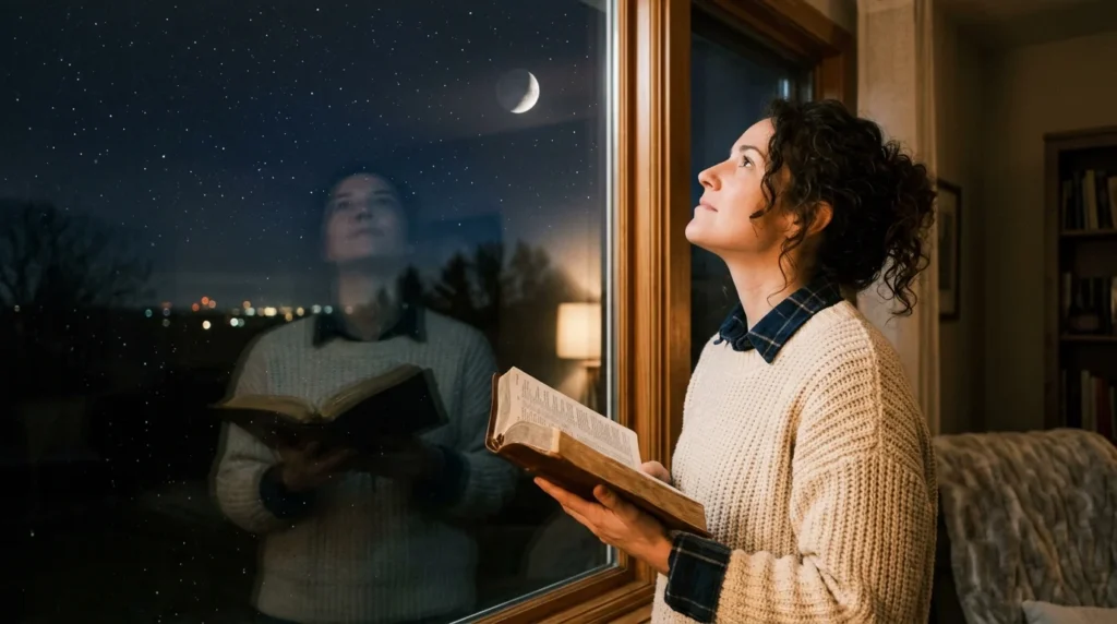 [Imagem: Pessoa observando o céu noturno pela janela enquanto segura uma Bíblia.]