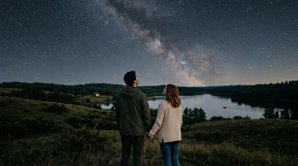 [Imagem: Casal observando o céu estrelado de mãos dadas em um ambiente tranquilo.]