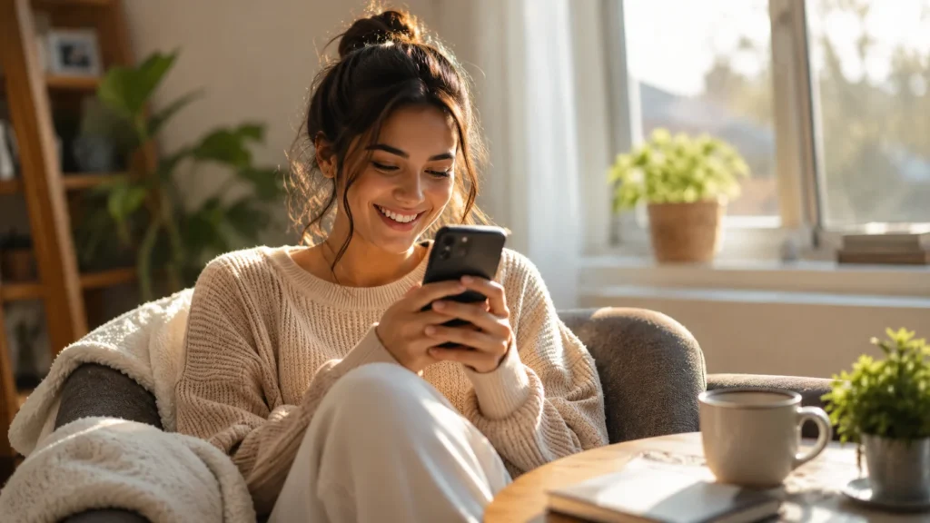 [Imagem: pessoa sorrindo ao receber uma mensagem motivacional no celular durante a manhã de segunda-feira]