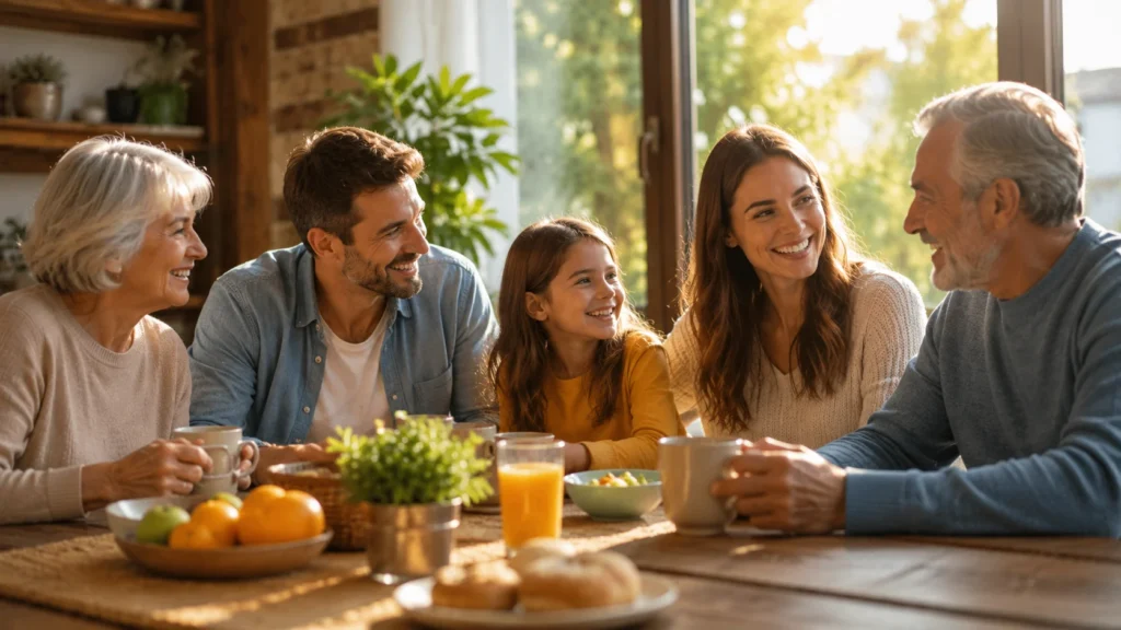 [Imagem: família reunida em uma manhã ensolarada, transmitindo união, esperança e tranquilidade]