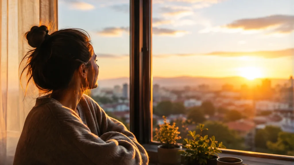 [Imagem: pessoa olhando pela janela ao amanhecer, com expressão tranquila e reflexiva, transmitindo paz, esperança e sabedoria]