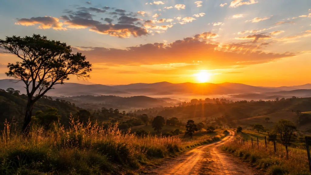 [Imagem: nascer do sol sobre uma paisagem tranquila, com luz dourada simbolizando recomeço, esperança e novos caminhos]