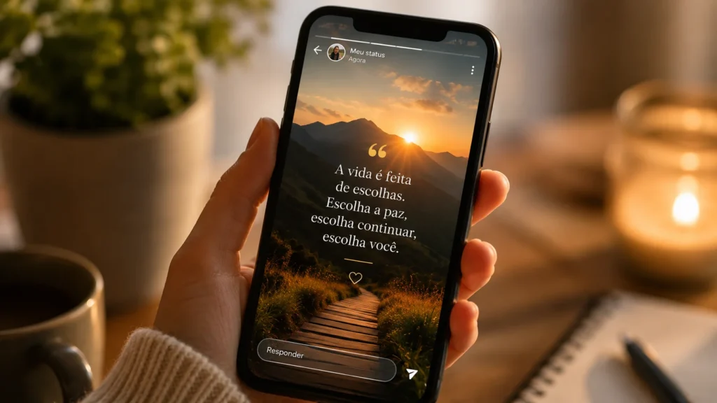 [Imagem: celular exibindo um status com uma frase inspiradora sobre uma fotografia de natureza, composição moderna e elegante]