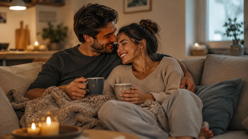 [Imagem: casal apaixonado compartilhando um momento tranquilo em casa, com expressão de carinho e cumplicidade]