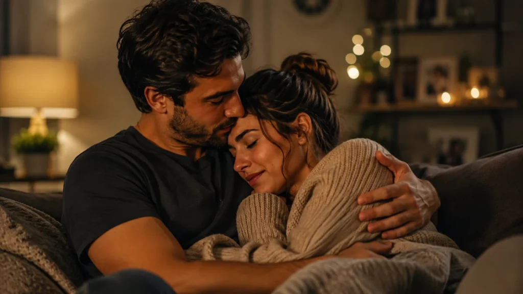[Imagem: casal abraçado durante um momento emocional, transmitindo proteção, confiança e companheirismo]