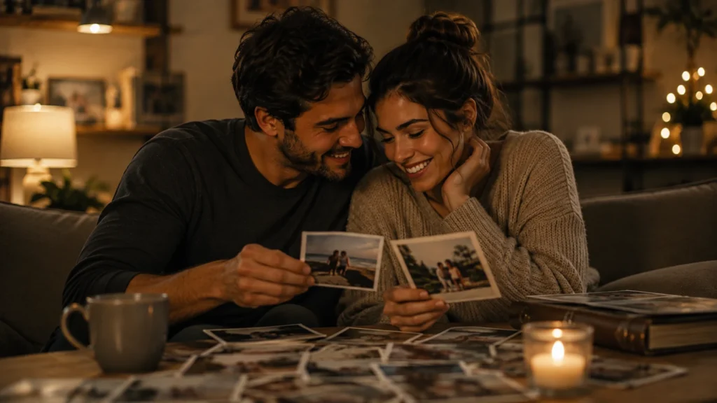 [Imagem: casal observando fotografias antigas juntos, cercado por lembranças de diferentes momentos da vida]