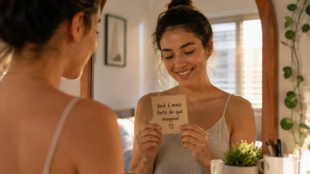[Imagem: mulher olhando para o espelho pela manhã, sorrindo com confiança e lendo uma mensagem motivacional escrita em um pequeno cartão]