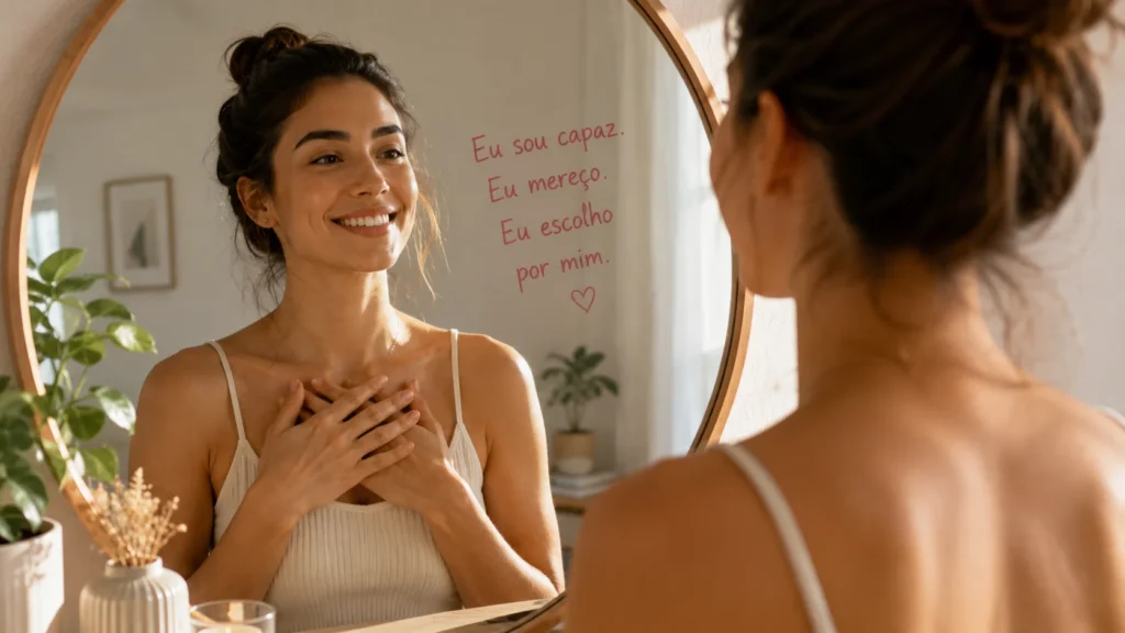 [Imagem: mulher diante do espelho fazendo uma declaração positiva para si mesma, ambiente claro, sensação de autoestima e confiança]