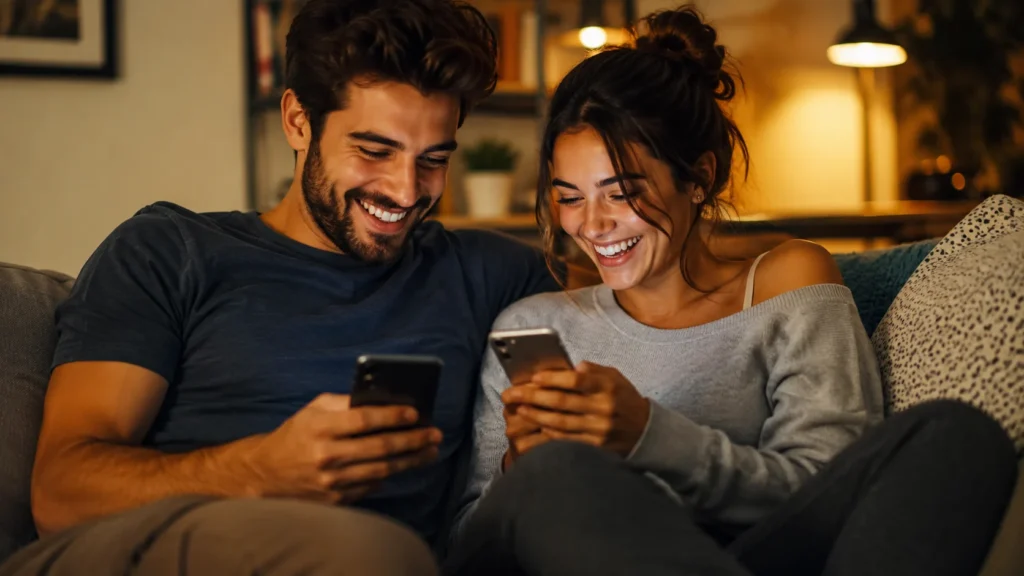 [Imagem: casal sorrindo enquanto troca mensagens românticas e engraçadas pelo celular]