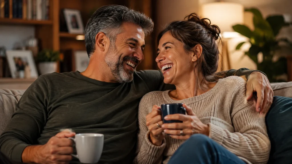 [Imagem: casal maduro sorrindo junto em casa, representando cumplicidade e humor no relacionamento]