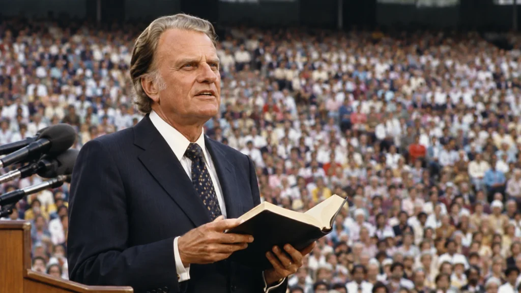 [Imagem: Billy Graham pregando para uma grande multidão durante uma cruzada evangelística, com uma Bíblia aberta nas mãos e atmosfera de inspiração]