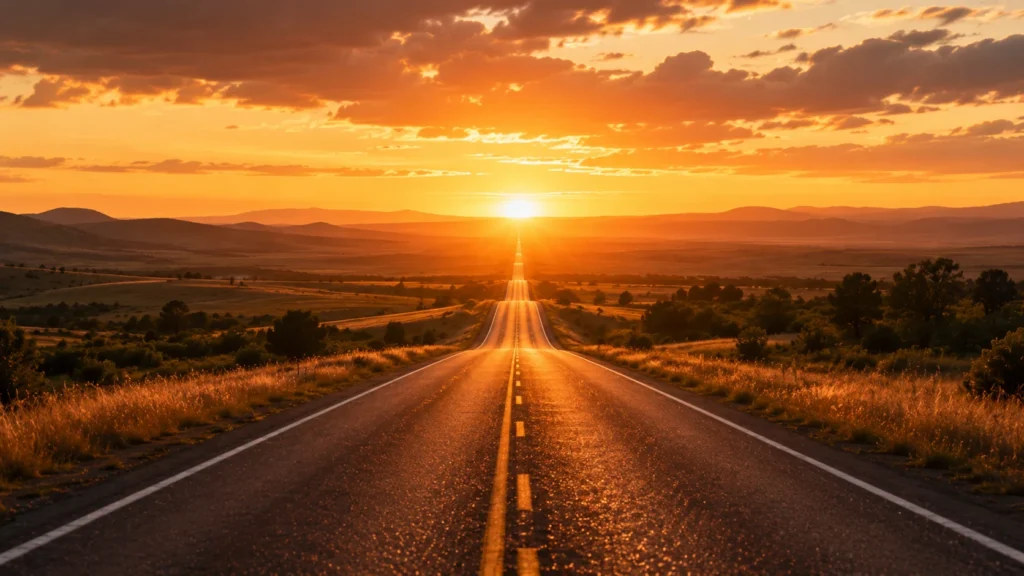 [Imagem: estrada longa desaparecendo no horizonte ao pôr do sol, simbolizando a jornada da vida e a reflexão sobre a eternidade]