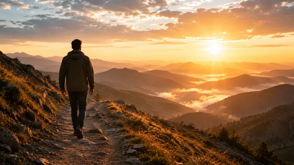 [Imagem: pessoa caminhando sozinha por uma paisagem montanhosa ao amanhecer, simbolizando superação, esperança e fé]