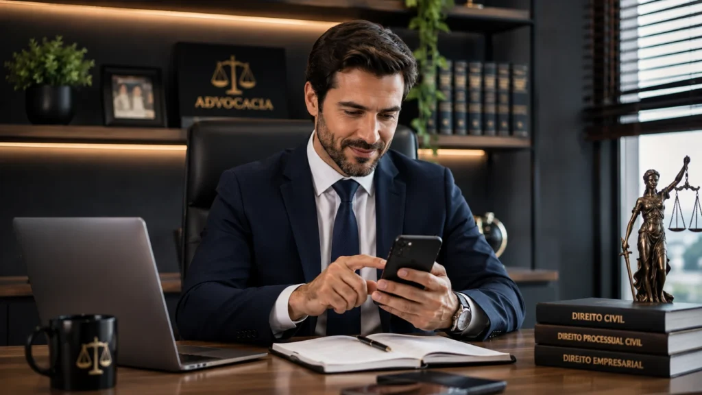 [Imagem: advogado utilizando smartphone para criar conteúdo jurídico para redes sociais]