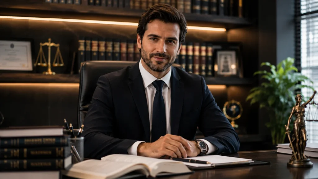 [Imagem: retrato profissional de advogado em escritório elegante, com livros jurídicos e documentos ao fundo]