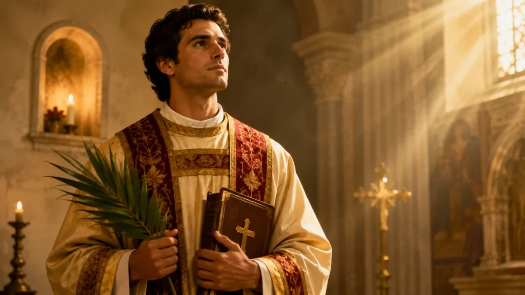 [Imagem: representação artística de São Lourenço como diácono, em ambiente religioso, com luz suave e atmosfera de fé]