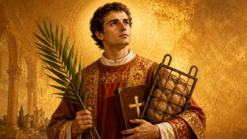 [Imagem: São Lourenço representado com vestes de diácono, segurando símbolos tradicionais associados à sua história, com fundo dourado e atmosfera serena]